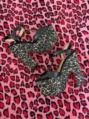 Christian Louboutin Black Patent & Gold Leopard Platform Wedge Sandals Size 39